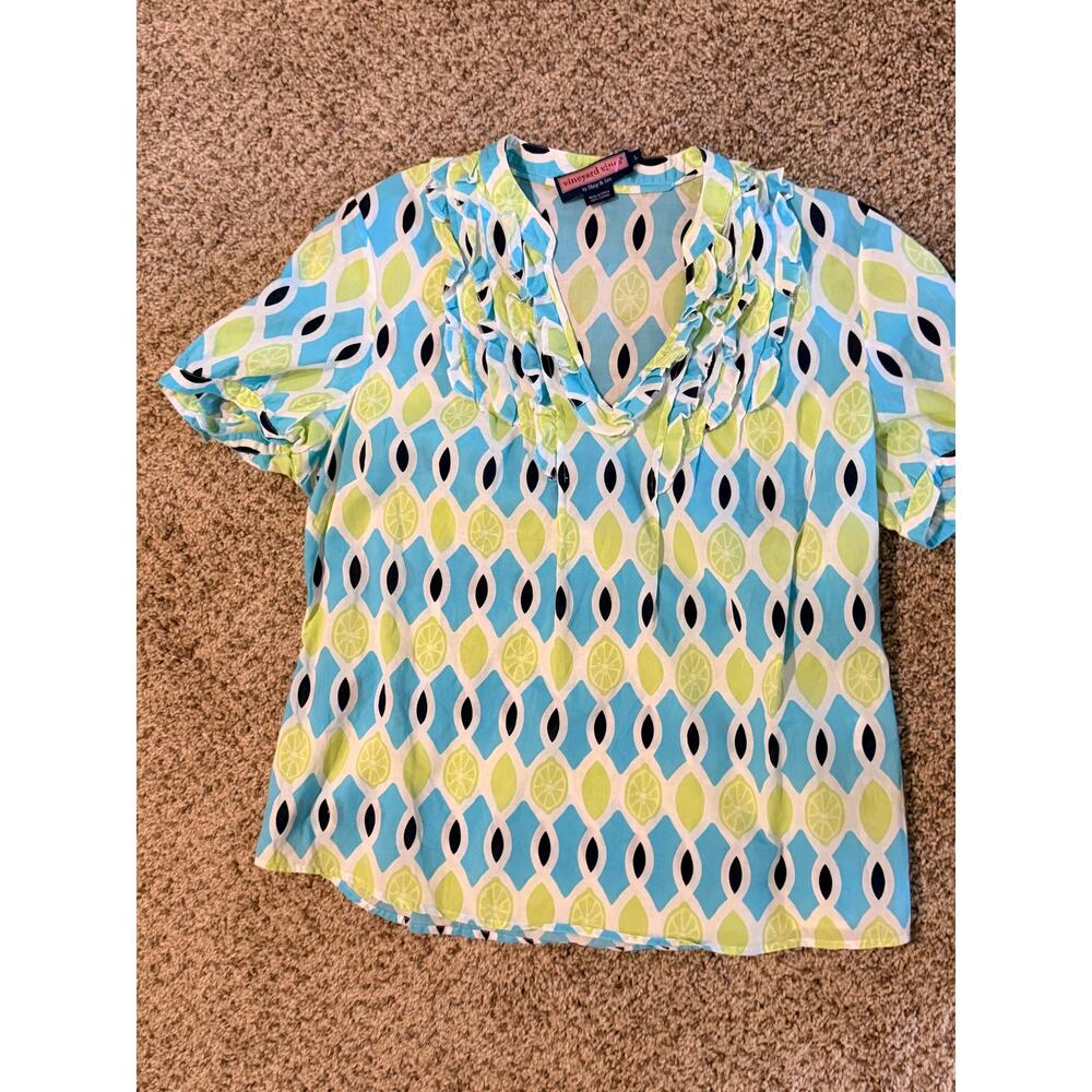 Vineyard vines Blue Green Black 100% Cotton Blouse EUC L